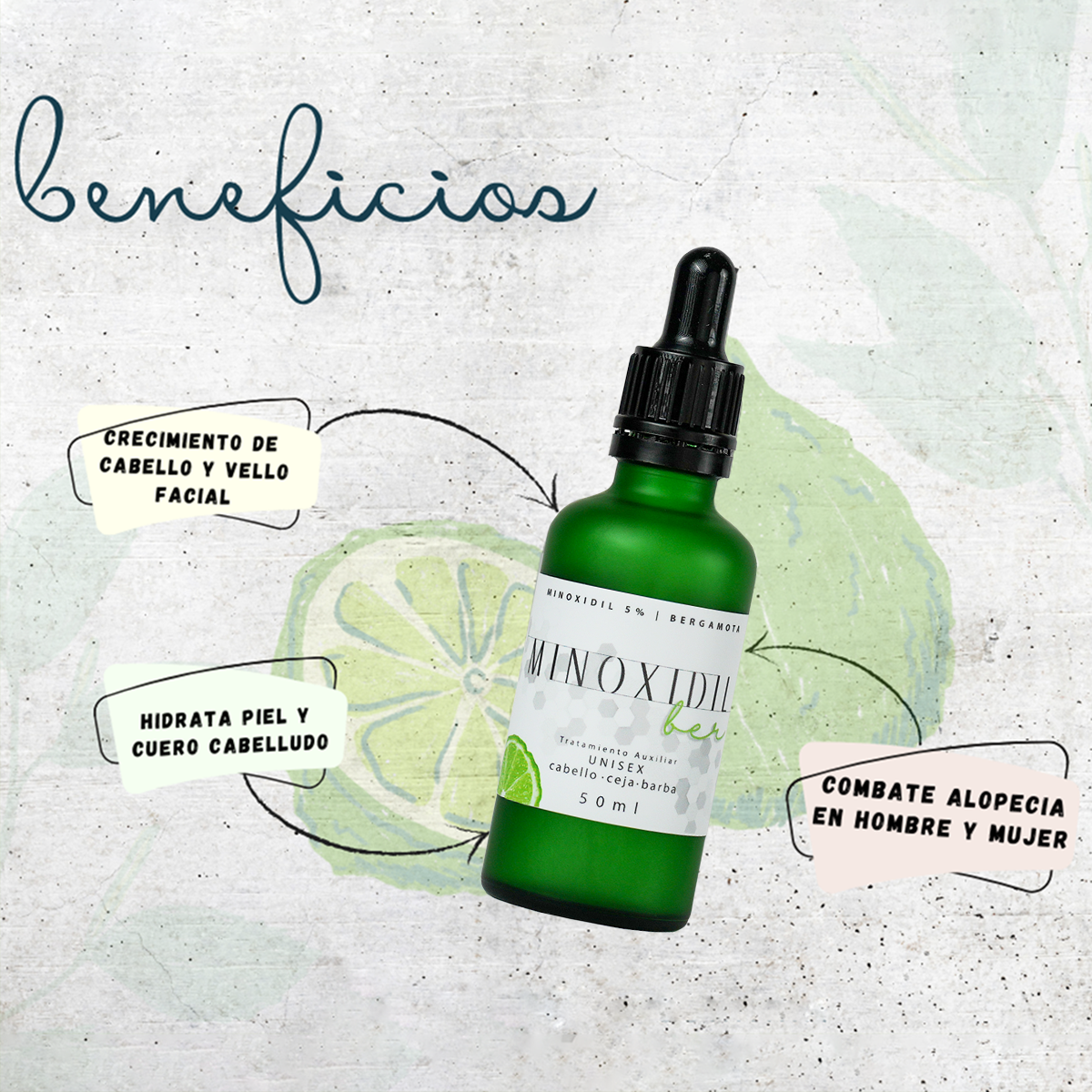Beneficios del tratamiento Minoxidilber: crecimiento de cabello y vello facial, hidratación profunda y combate alopecia.