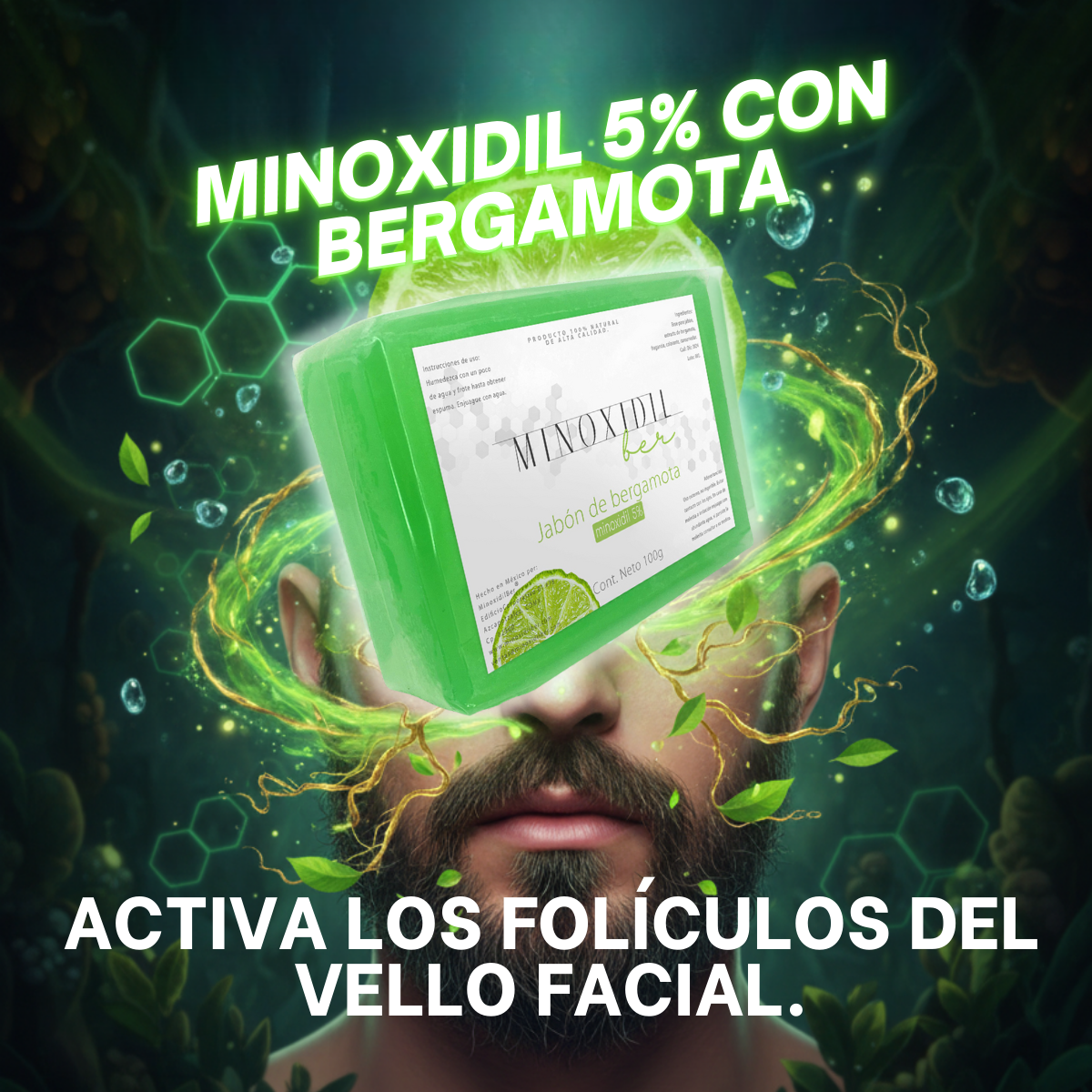Jabón de bergamota Minoxidilber junto a brocha y rastrillo, ideal para limpieza facial antes del tratamiento.