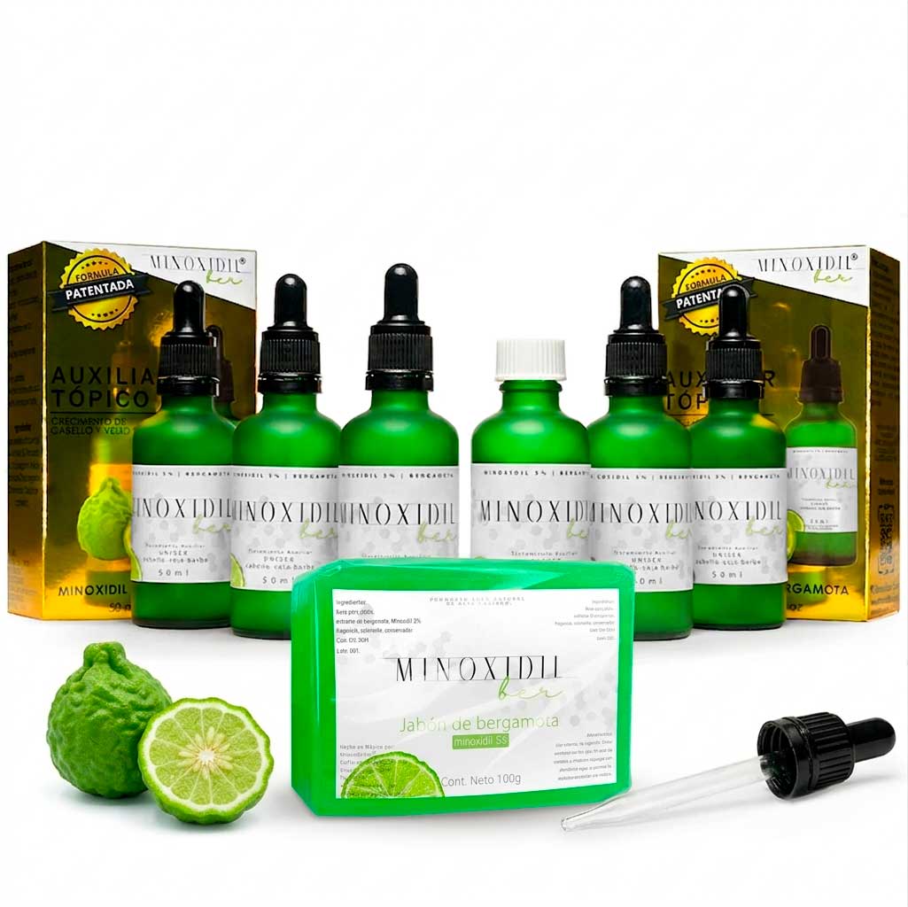 Kit completo de crecimiento Minoxidilber: 6 tratamientos tópicos auxiliares y jabón de bergamota para barba y cabello.