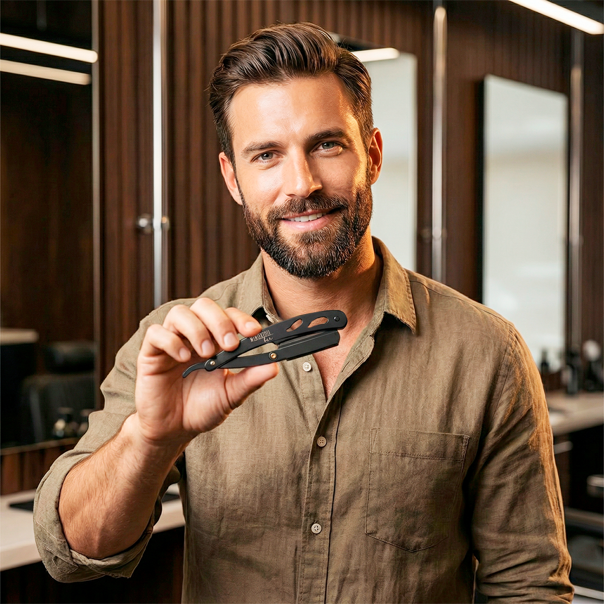 Porta Navaja Profesional Barbero Negro Con Funda + 3 Hojas.                     ¡ENVIO GRATIS! MINOXIDILBER