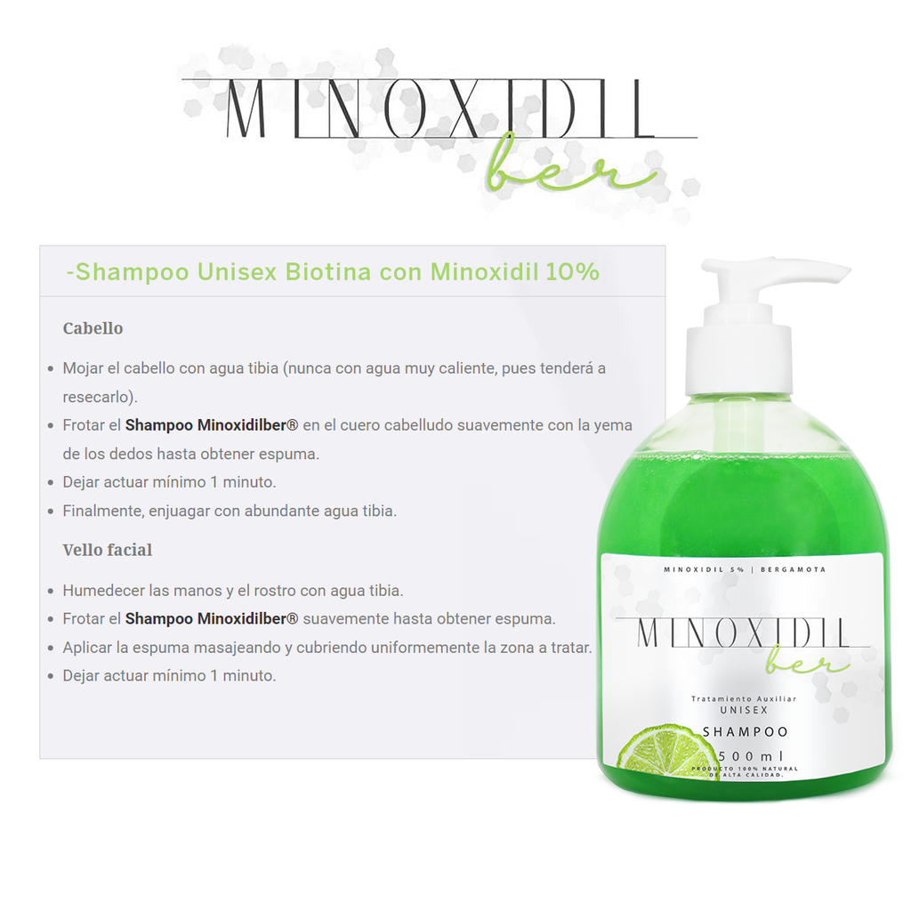 MINOXIDILBER minoxidil 5% bergamota Shampoo 500 ml modo de uso