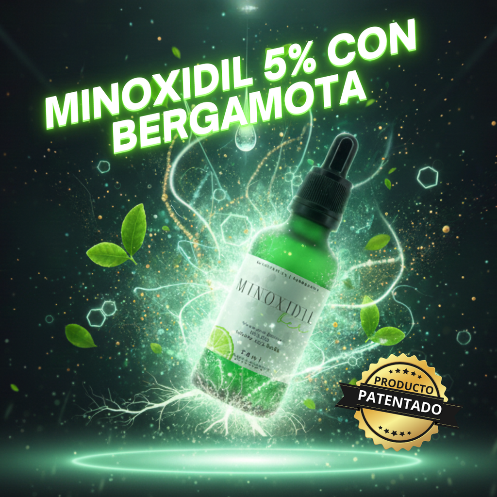Botella de tratamiento auxiliar Minoxidilber 5% con bergamota, producto patentado para crecimiento de vello facial.