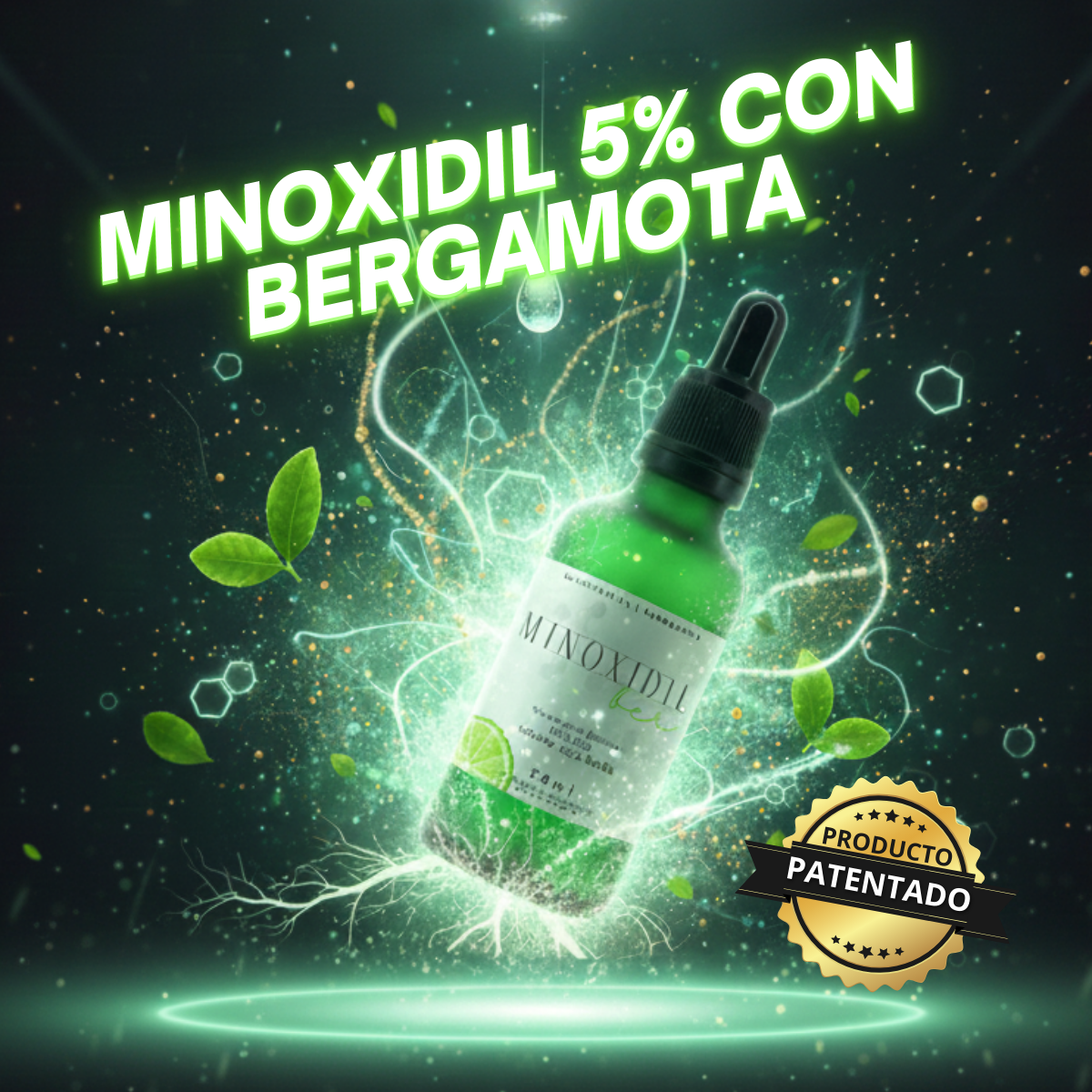 Botella de tratamiento auxiliar Minoxidilber 5% con bergamota, producto patentado para crecimiento de vello facial.