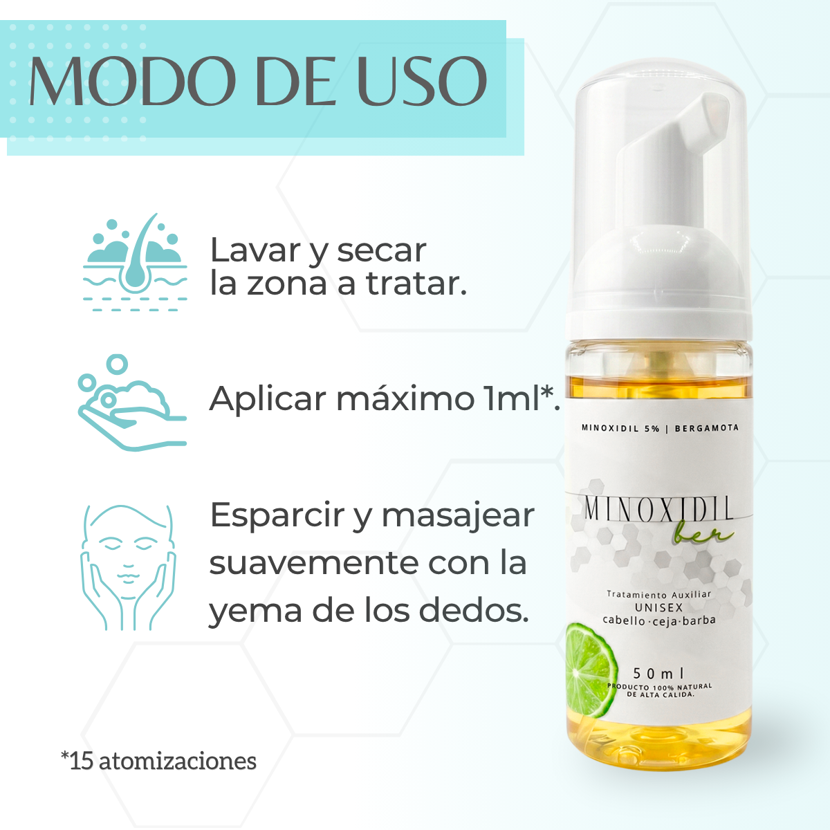 Espuma Auxiliar Unisex de Bergamota con minoxidil 5% – 50ml.